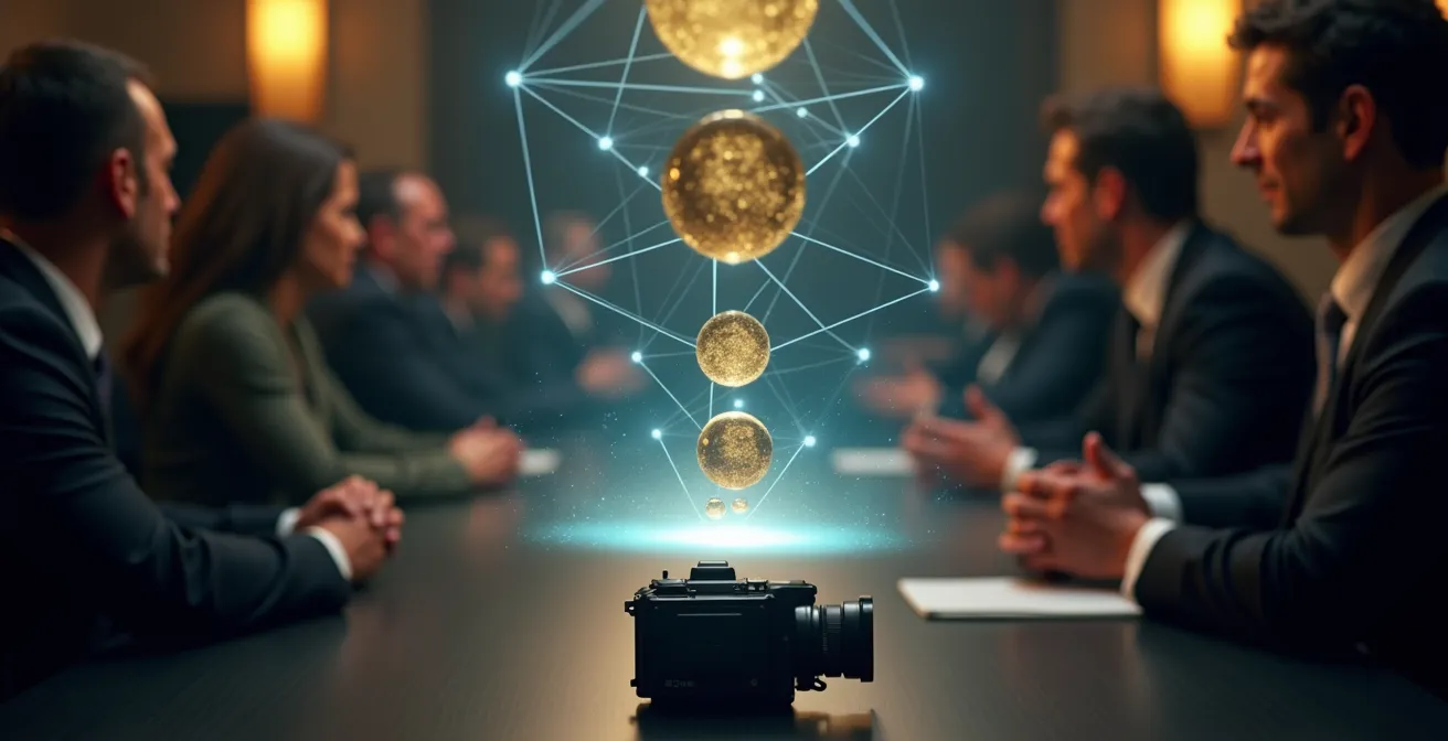 Film industry data analyst reviewing actor performance metrics on multiple screens