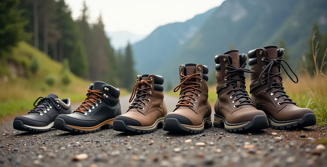 Visual spectrum showing progression from local hikes to major expeditions, symbolized by different types of boots