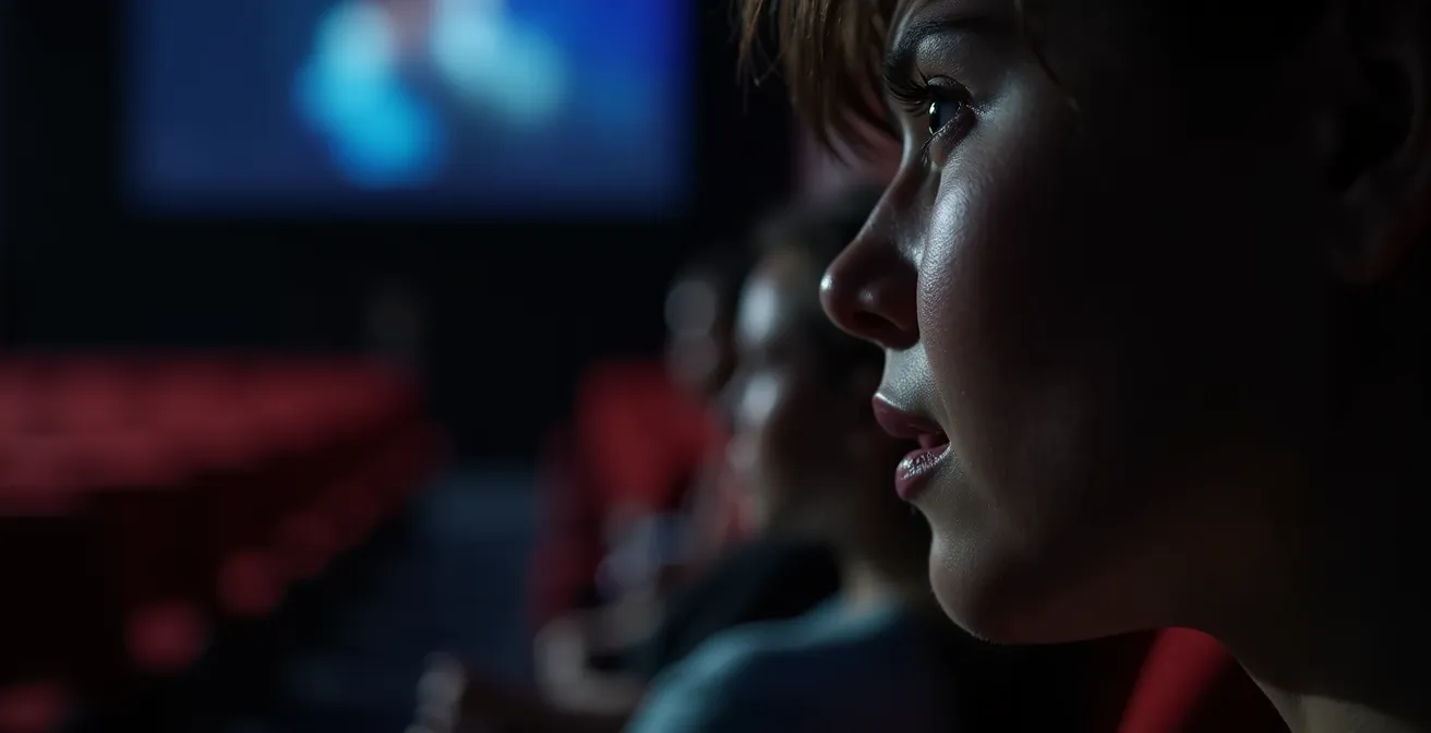 Viewer deeply engaged watching historical drama in theater