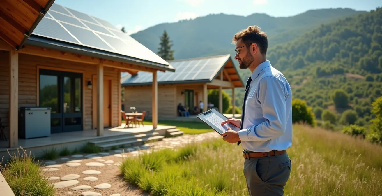 Environmental auditor reviewing sustainability documentation at eco-lodge