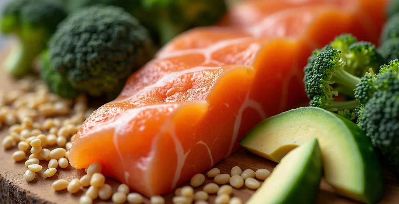 A visual guide to building energy-sustaining meals, showing macro textures of salmon, quinoa, broccoli, and avocado.