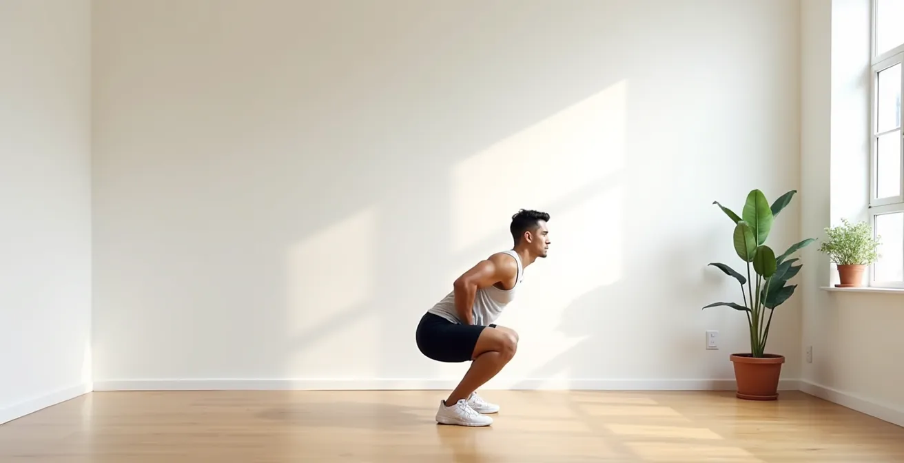 Person demonstrating proper squat form with alignment markers for safety assessment