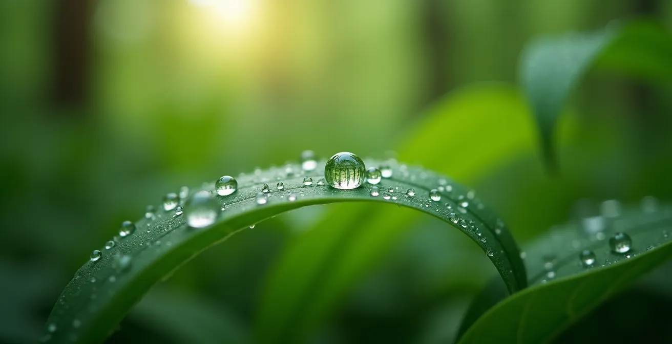 Close-up of water droplets on green leaves with soft bokeh forest background