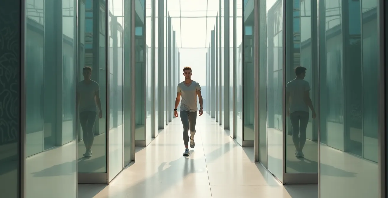 Person walking through a maze of mirrors reflecting different versions of themselves