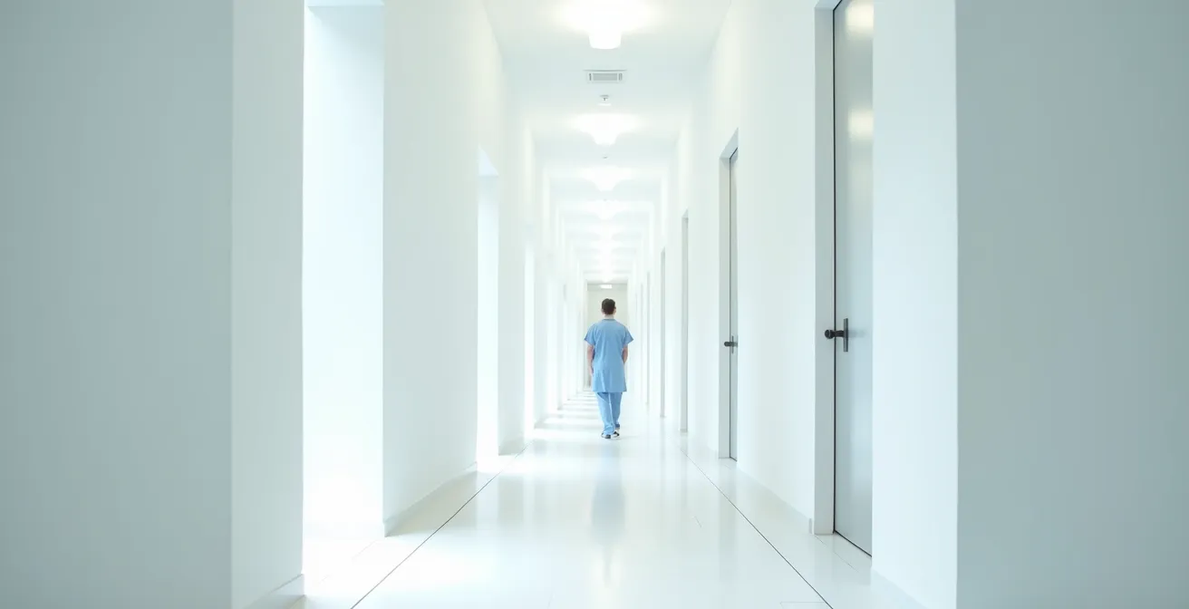 A minimalist architectural photo of a long white corridor with repeating doorways, visualizing the cascade effect of medical procedures.