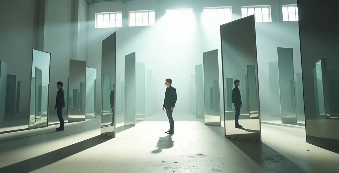 Person examining multiple angled mirrors showing different perspectives of same situation