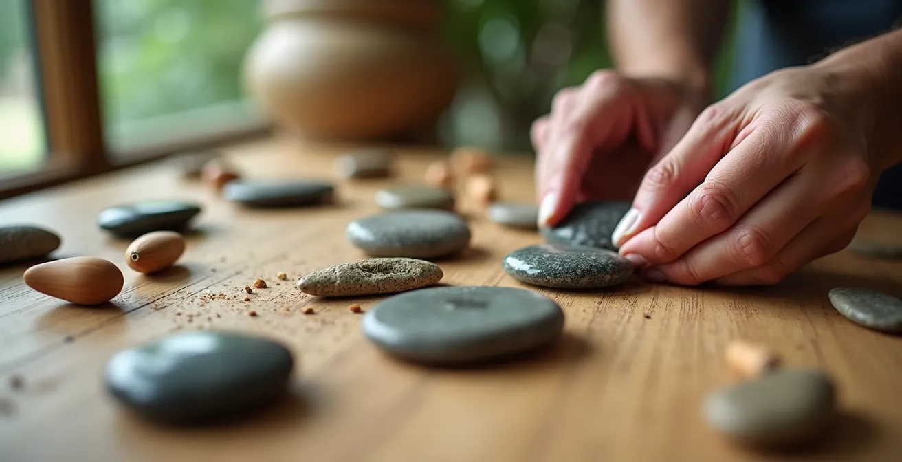 Macro close-up of hands arranging natural materials in deliberate patterns suggesting behavioral design