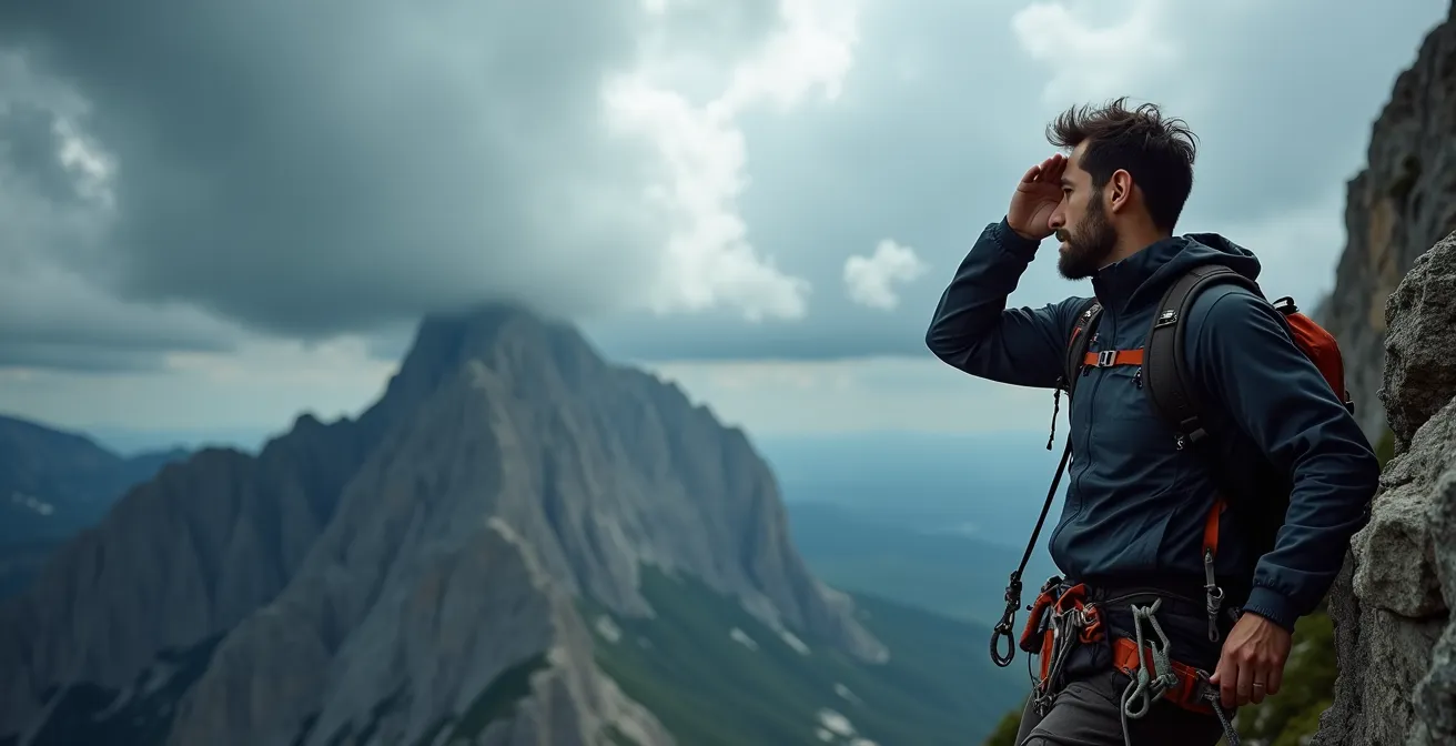 Mountaineer pausing to assess approaching storm clouds on an exposed ridge