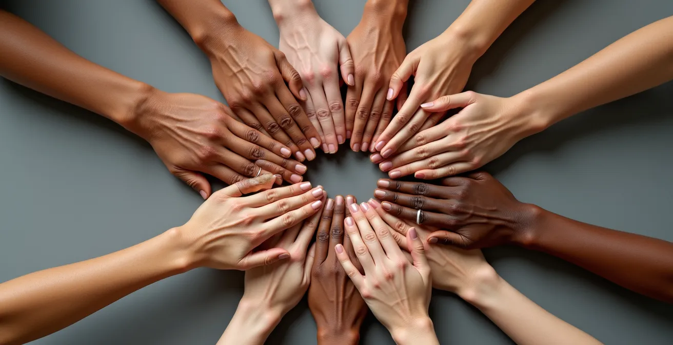 Diverse hands joining together in a circle representing coalition unity