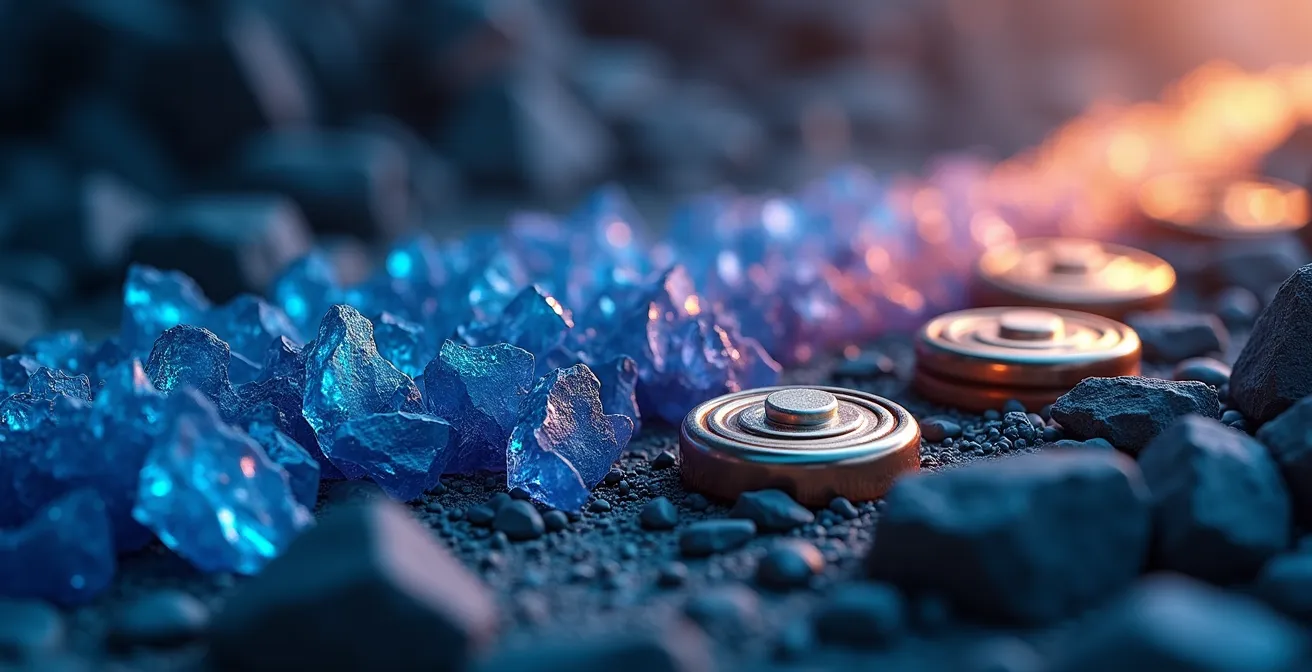 Macro shot of raw cobalt mineral transitioning into refined battery cells