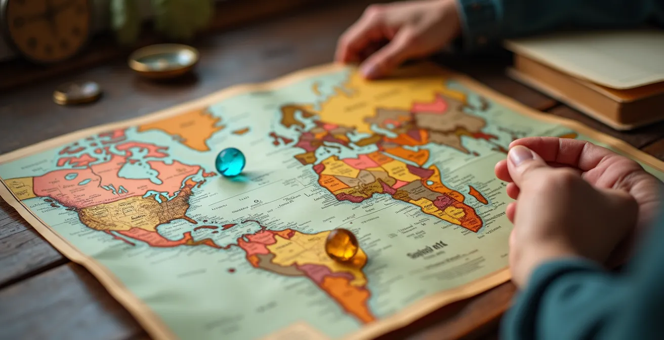 Hands holding a world map with colored markers indicating different comfort zone levels for travel destinations