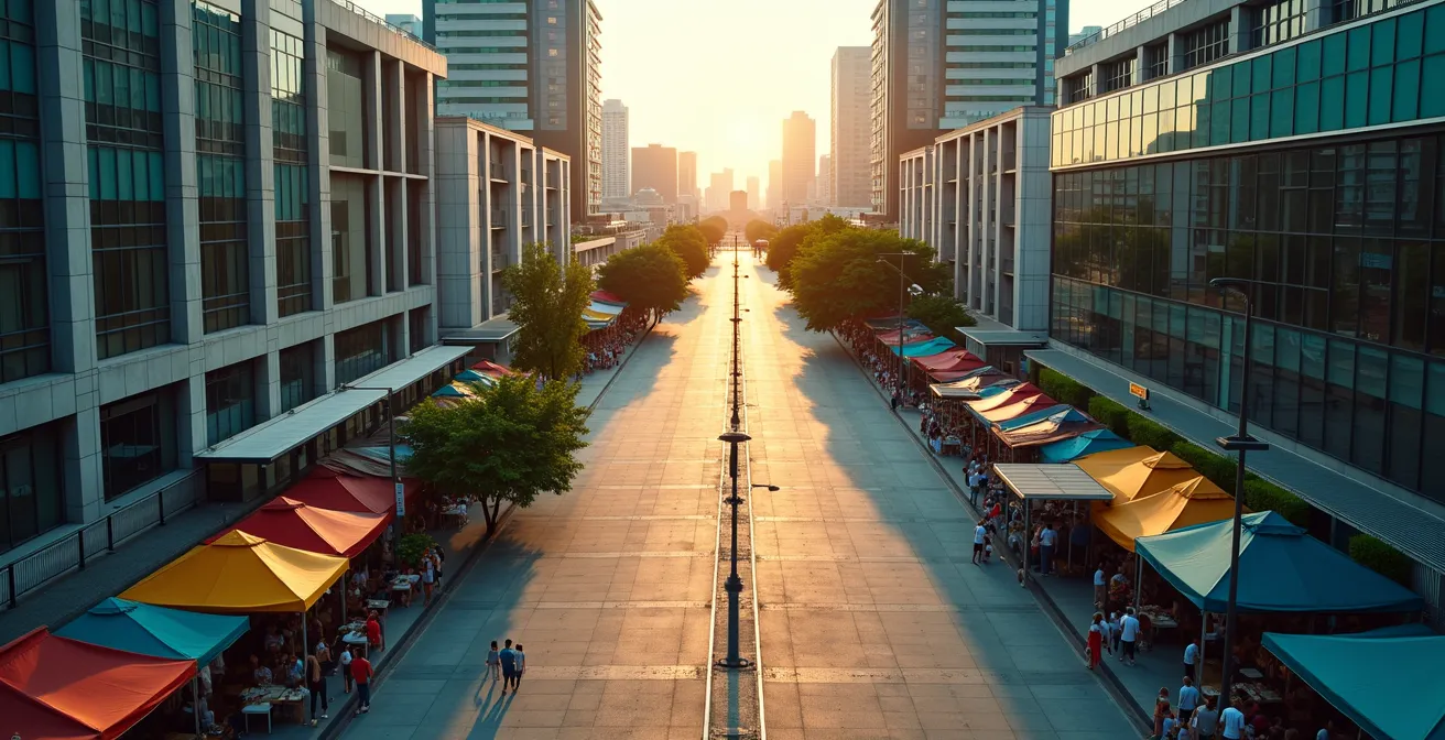 Wide aerial view of city intersection where traditional market meets modern digital district