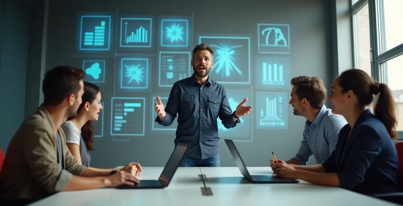 Filmmaker presenting analytics dashboard to investors in modern meeting room