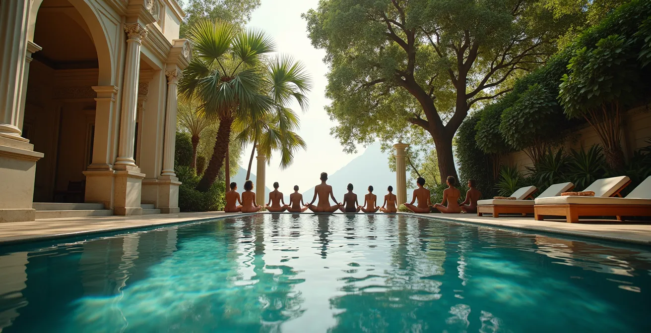 Split scene showing luxurious spa pool on left versus intimate meditation circle in nature on right