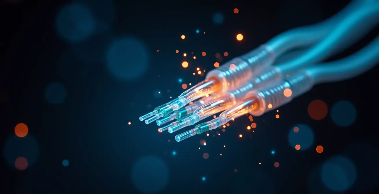 Macro photograph of fiber optic cables showing light patterns and data flow