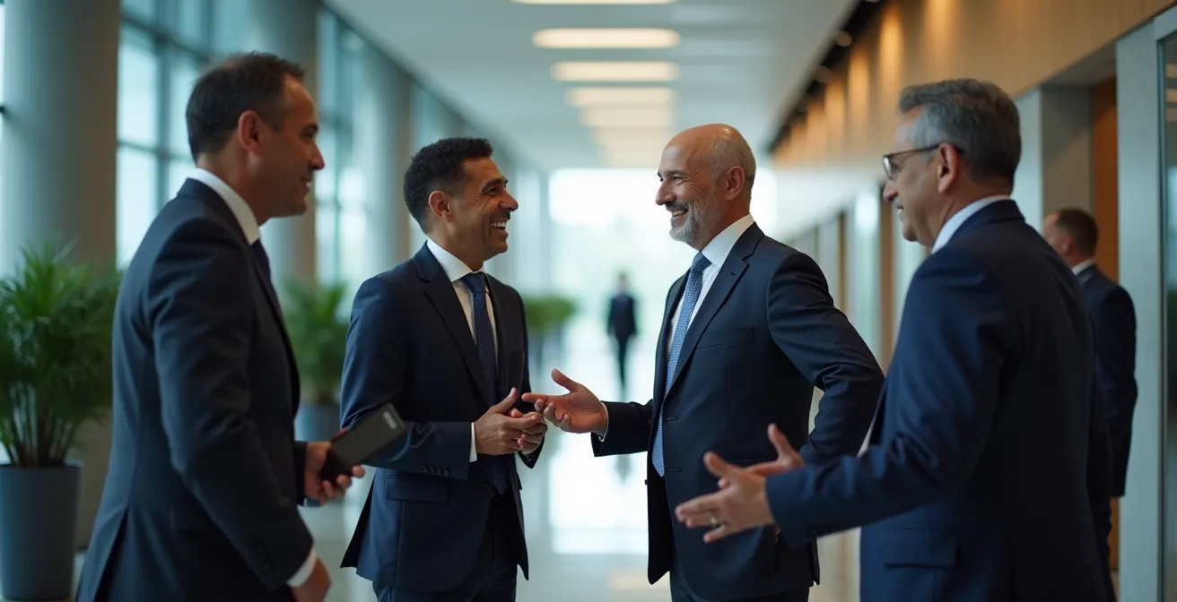 Diverse diplomatic delegations engaged in corridor negotiations at an international summit, demonstrating coalition-building dynamics.
