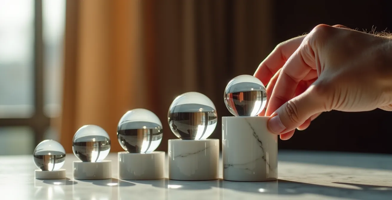 Human hands carefully balancing delicate glass spheres on narrow pedestals