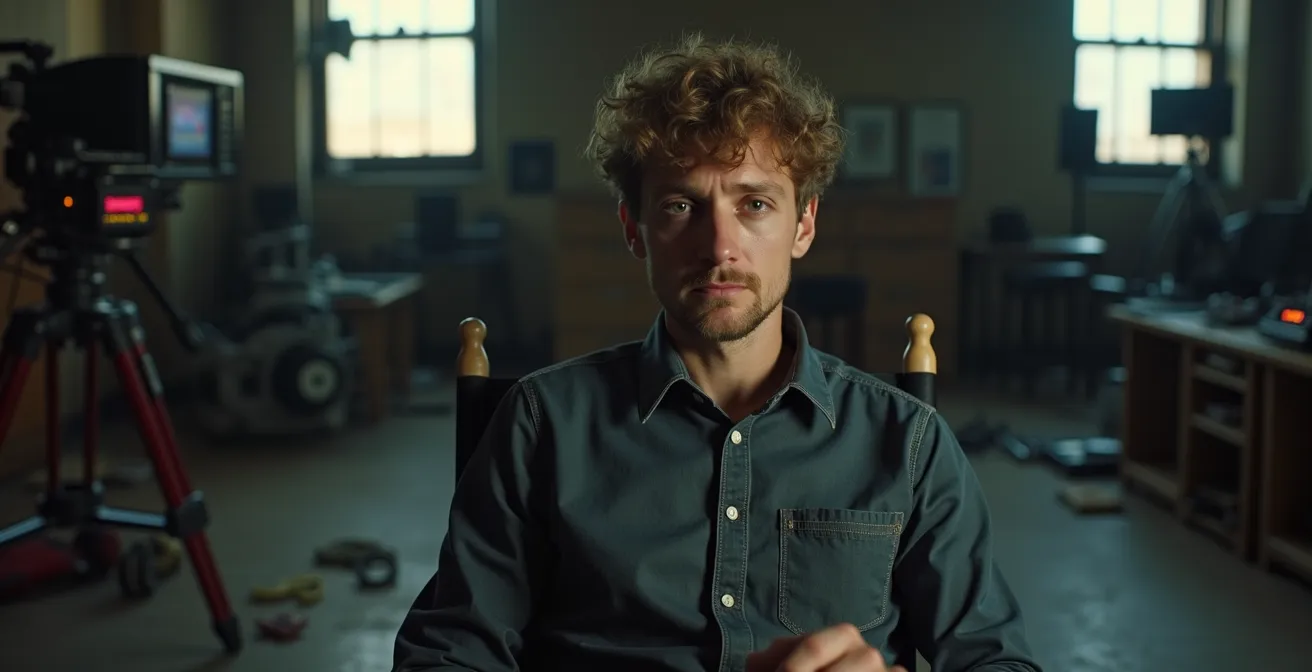 Film director alone on set with empty crew positions around them