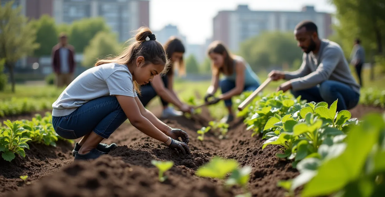 Wide angle shot of diverse community members working together in shared garden space
