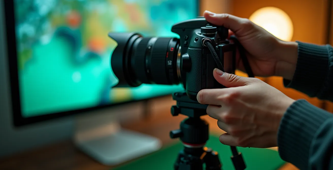 A compact home virtual production setup showing a filmmaker using Unreal Engine on a computer with green screen