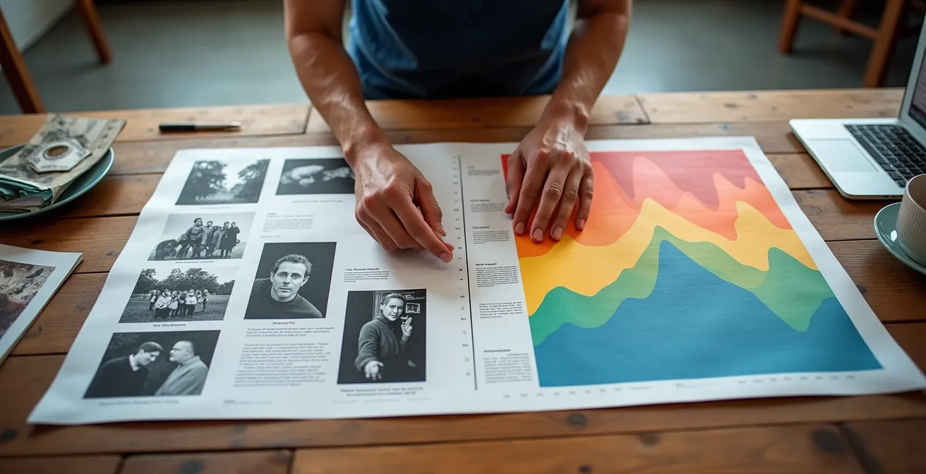 Visual representation of documentary storytelling structure with emotional and factual elements