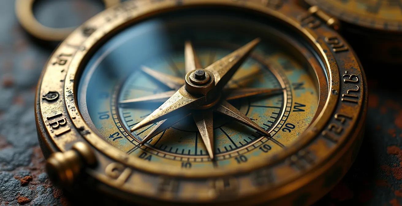 Macro shot of vintage compass with abstract directional markers representing ethical choices