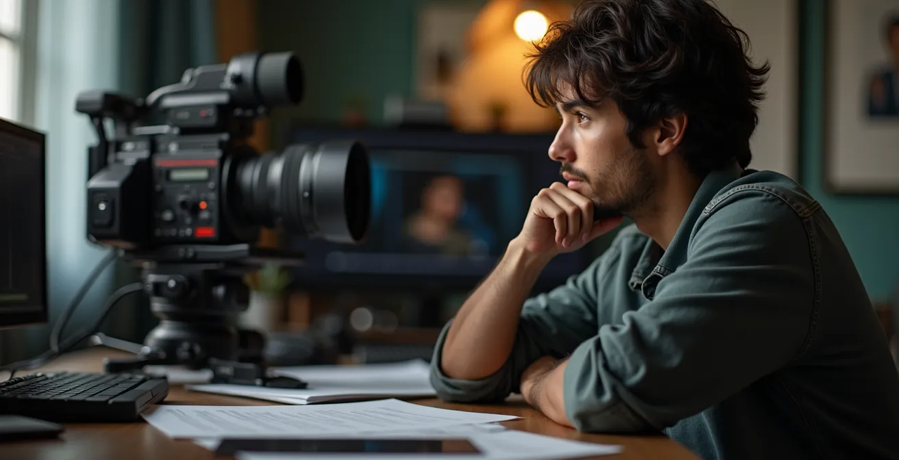 Documentary filmmaker reviewing footage in an editing suite, contemplating ethical choices