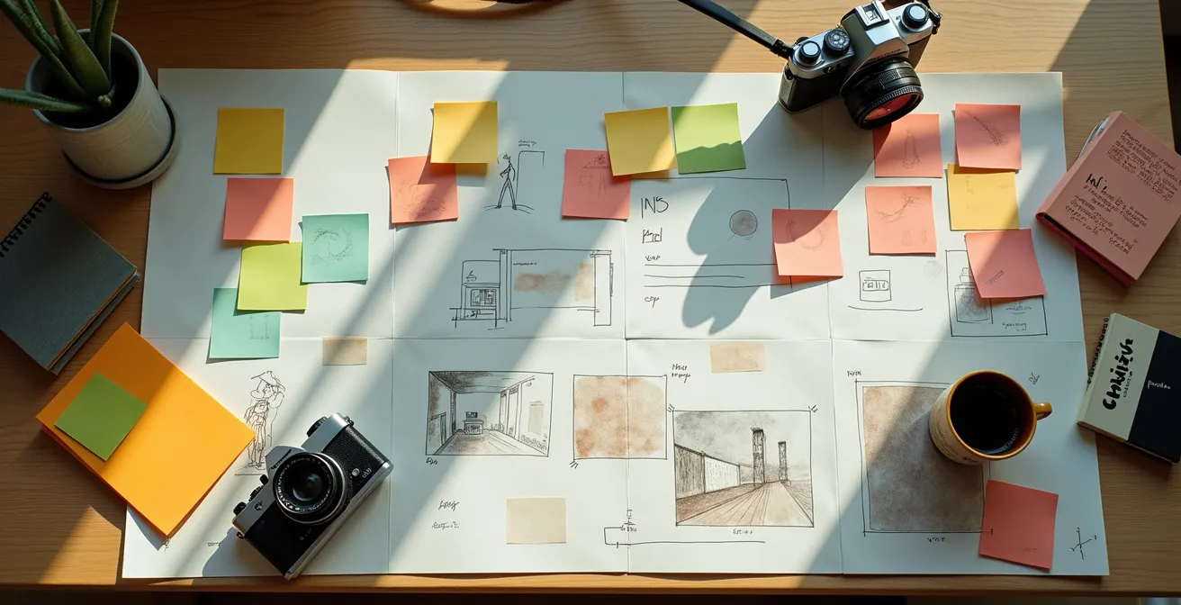 Documentary production planning workspace with storyboards and creative materials
