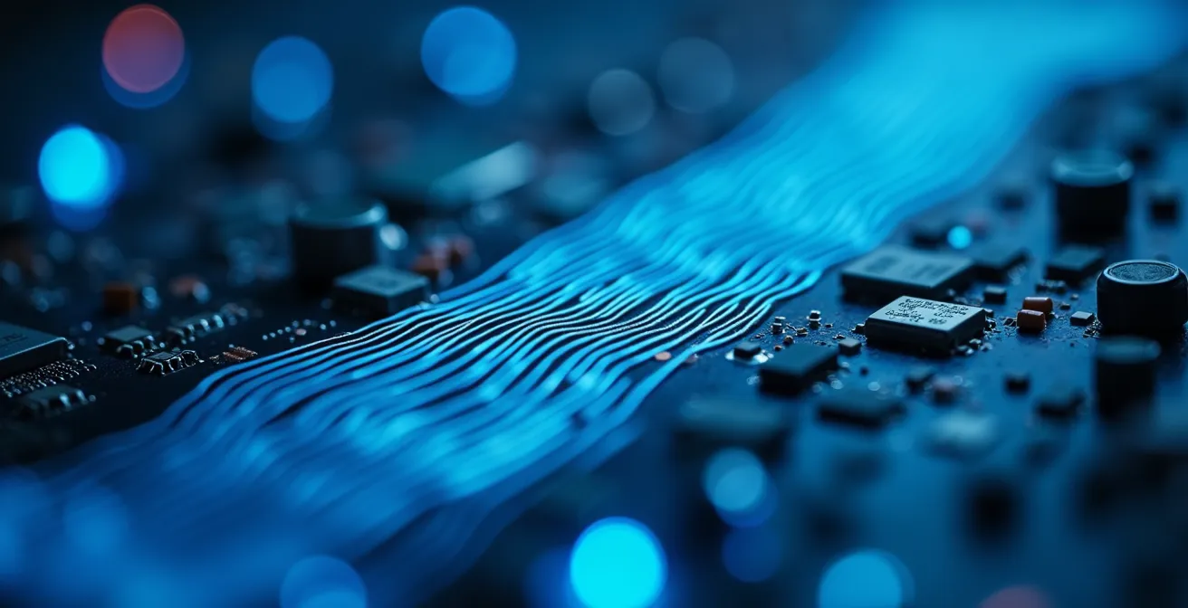 Macro view of advanced monitoring technology components, such as fiber optics and circuit boards, suggesting data and verification.