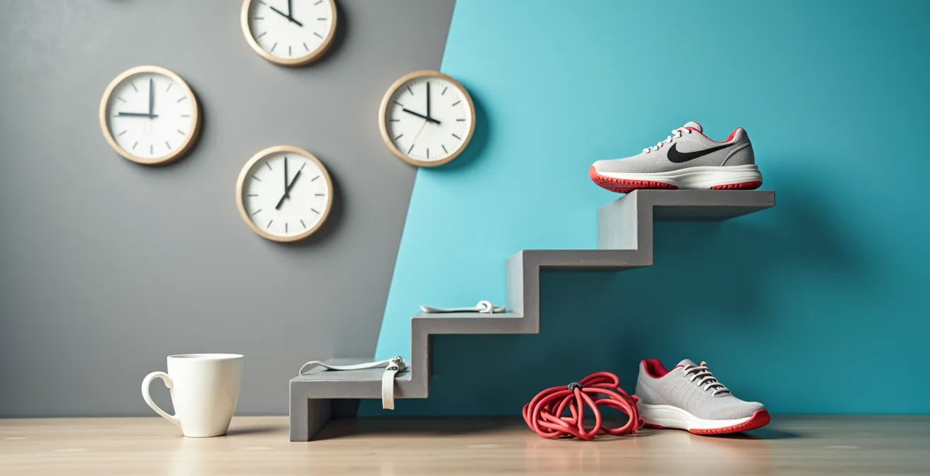 Visual representation of exercise snacks integrated into daily routine, showing a transition from work items to fitness items.