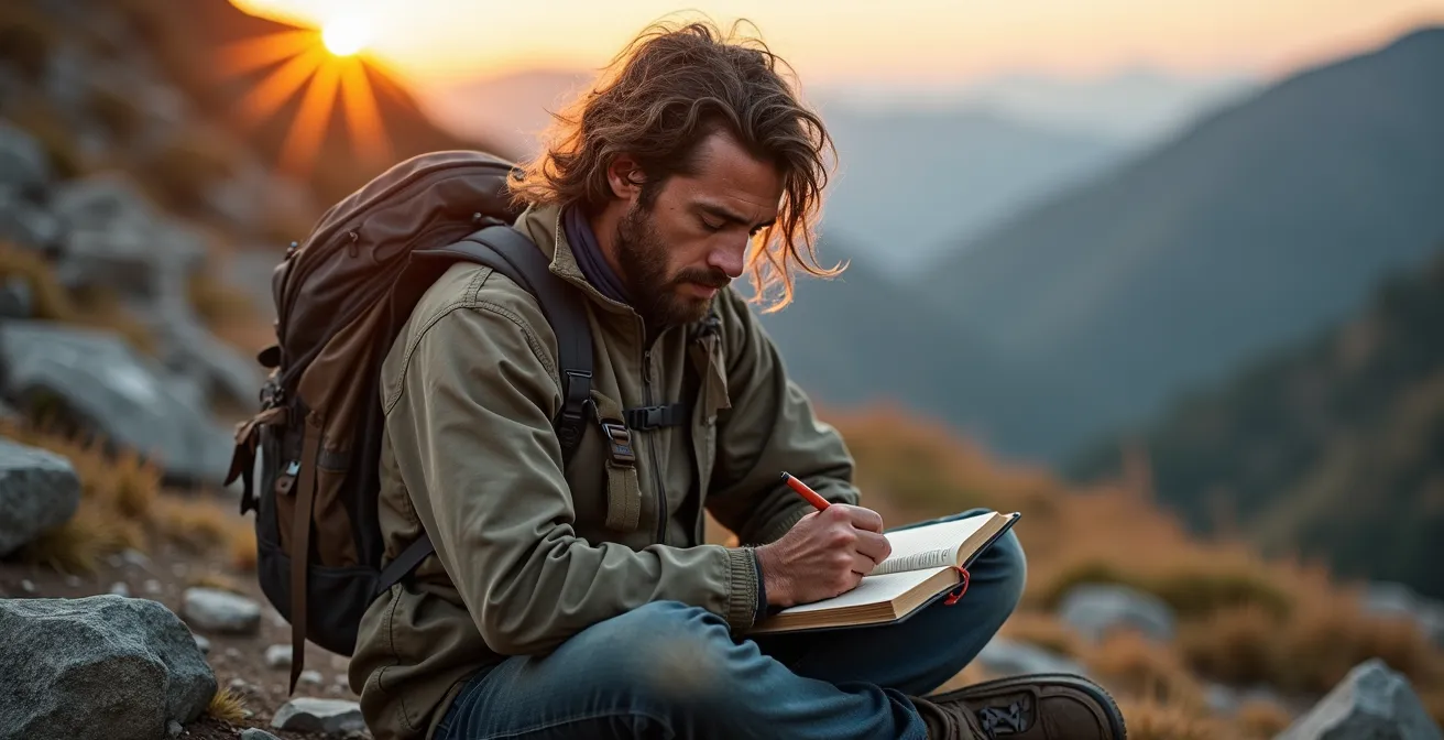 Exhausted hiker writing in journal at mountain summit reflecting on challenging journey