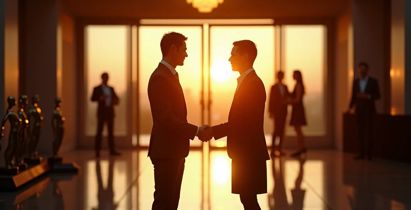 Filmmaker shaking hands with distributor at film festival venue