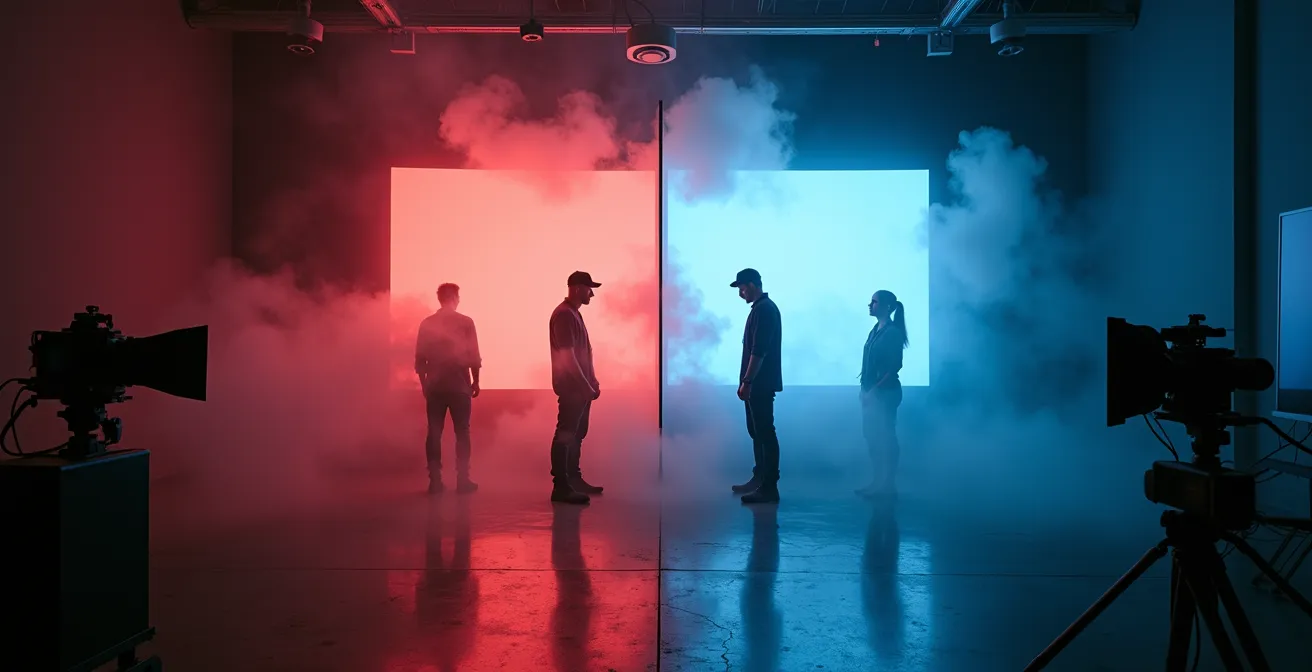 Split scene showing practical effects setup versus virtual production LED volume