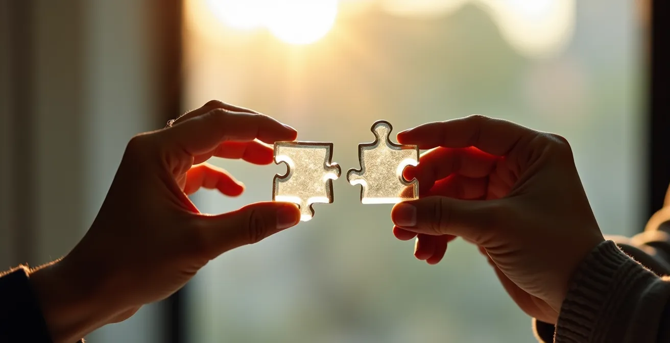 Visual metaphor for co-founder alignment showing interconnected puzzle pieces forming a unified structure