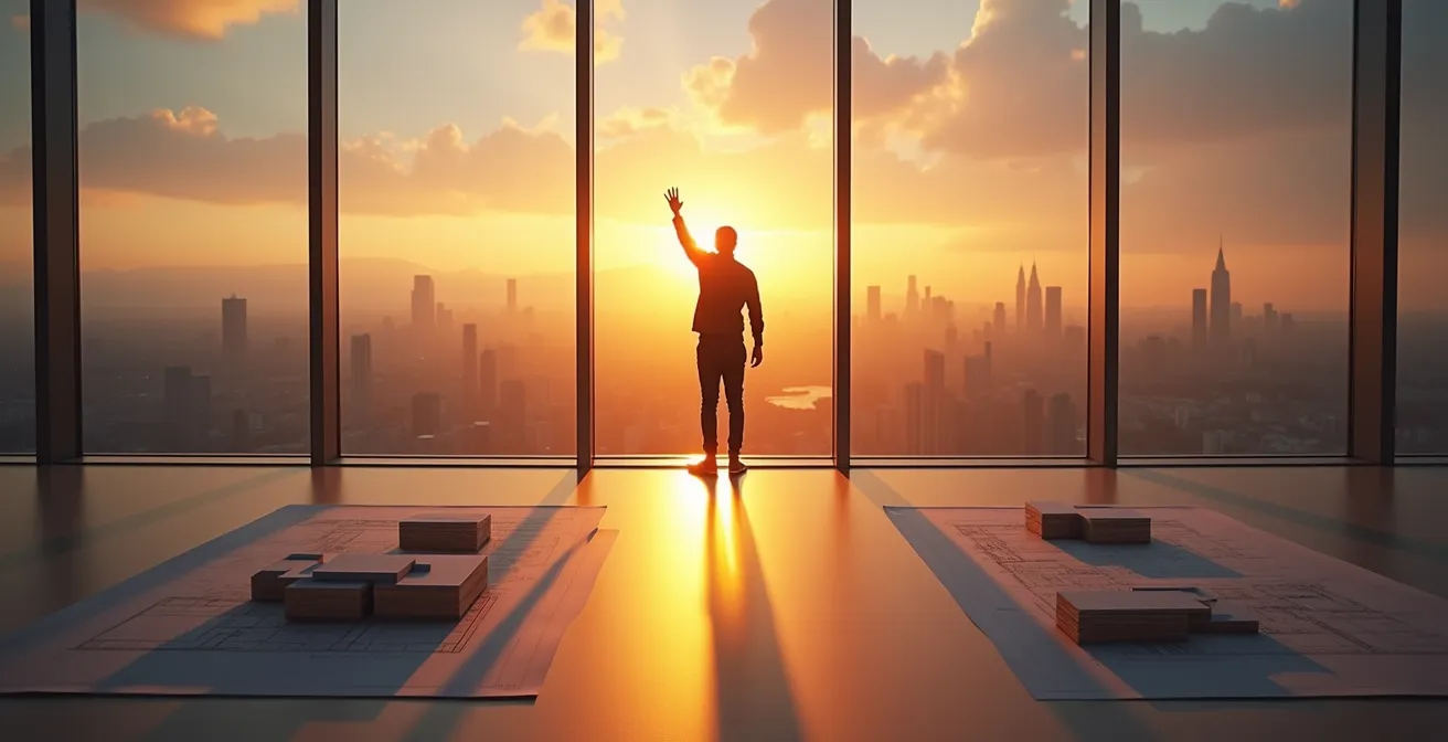 Visual representation of reverse-engineering business success from future vision to present action