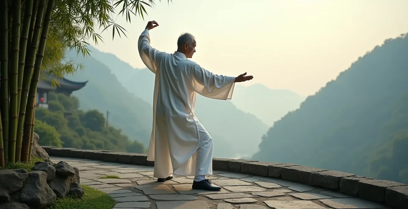Elderly person practicing tai chi in misty mountain garden at dawn
