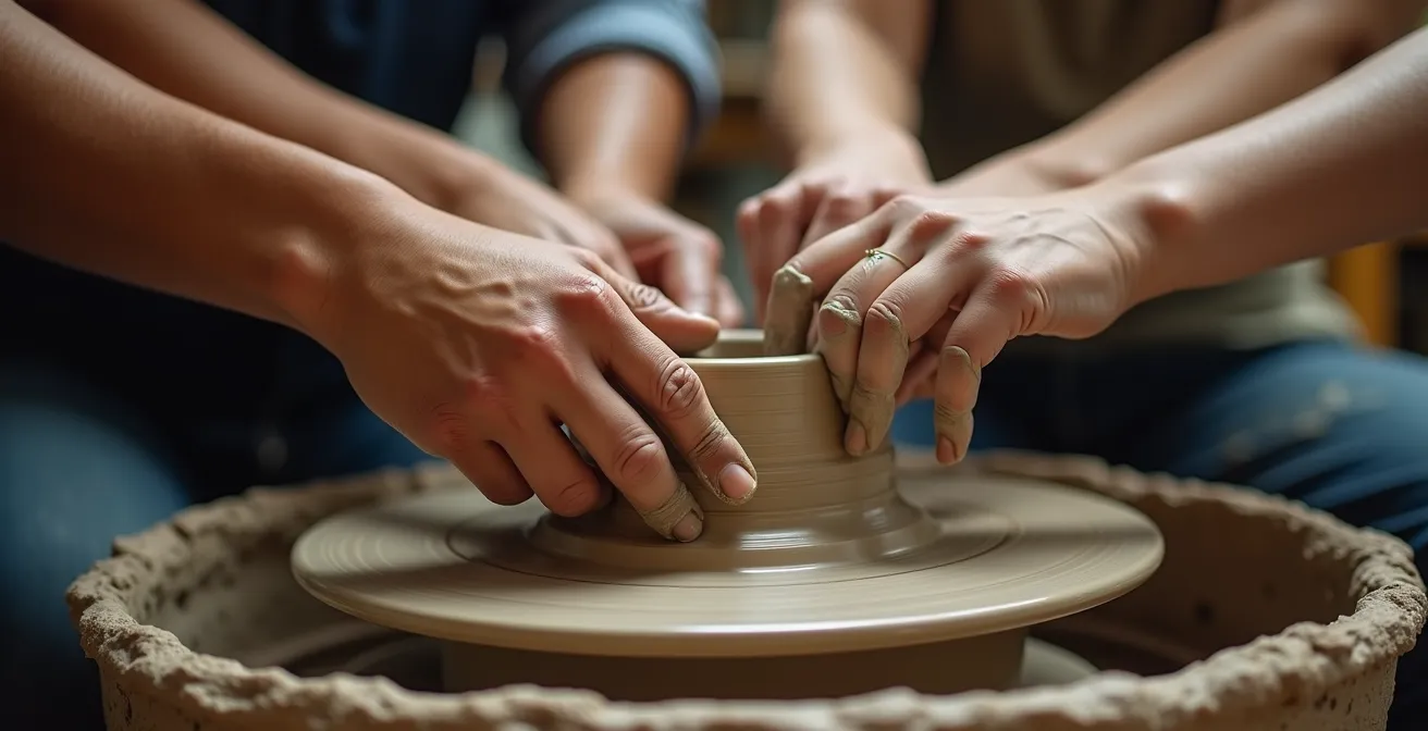 Multiple hands working together on a pottery wheel, showing knowledge transfer between local artisan and learner