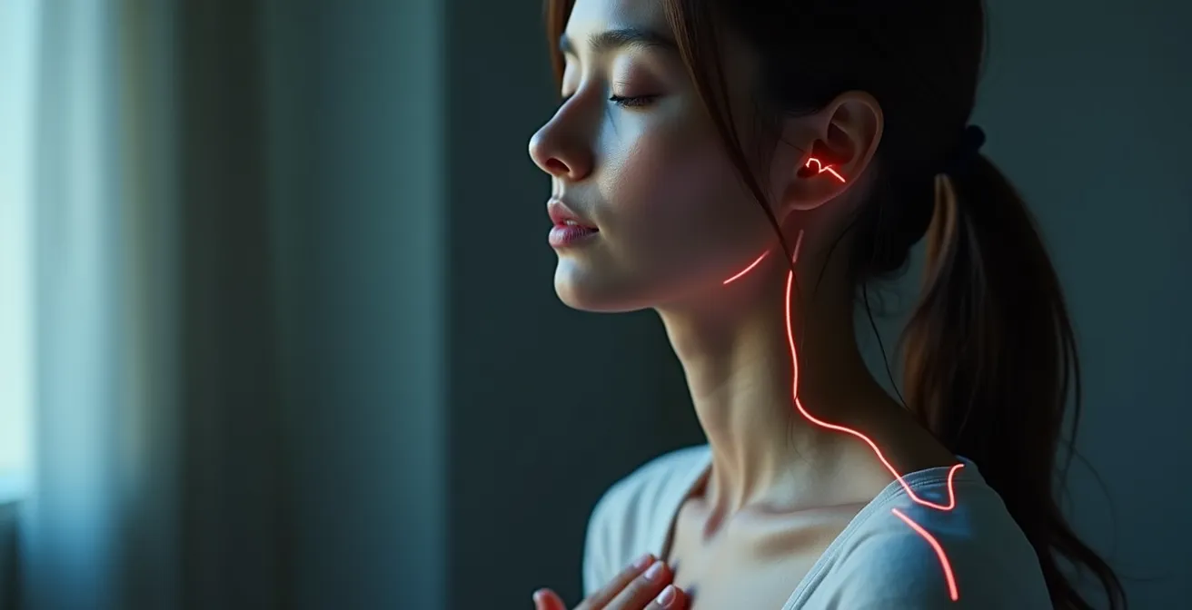 Person monitoring heart rate variability through biofeedback device showing real-time nervous system regulation