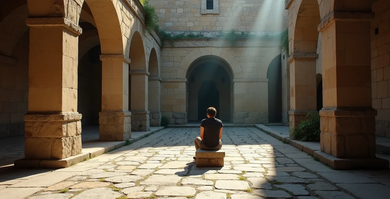 Solitary figure sitting quietly in ancient stone courtyard, experiencing the atmosphere of historical space