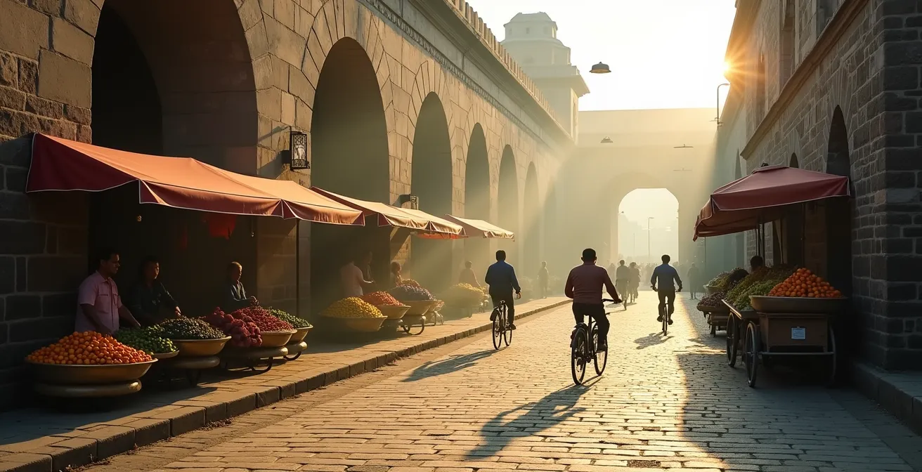 A wide shot of an ancient stone archway at dawn, with local vendors setting up their market stalls and people on bicycles passing through.
