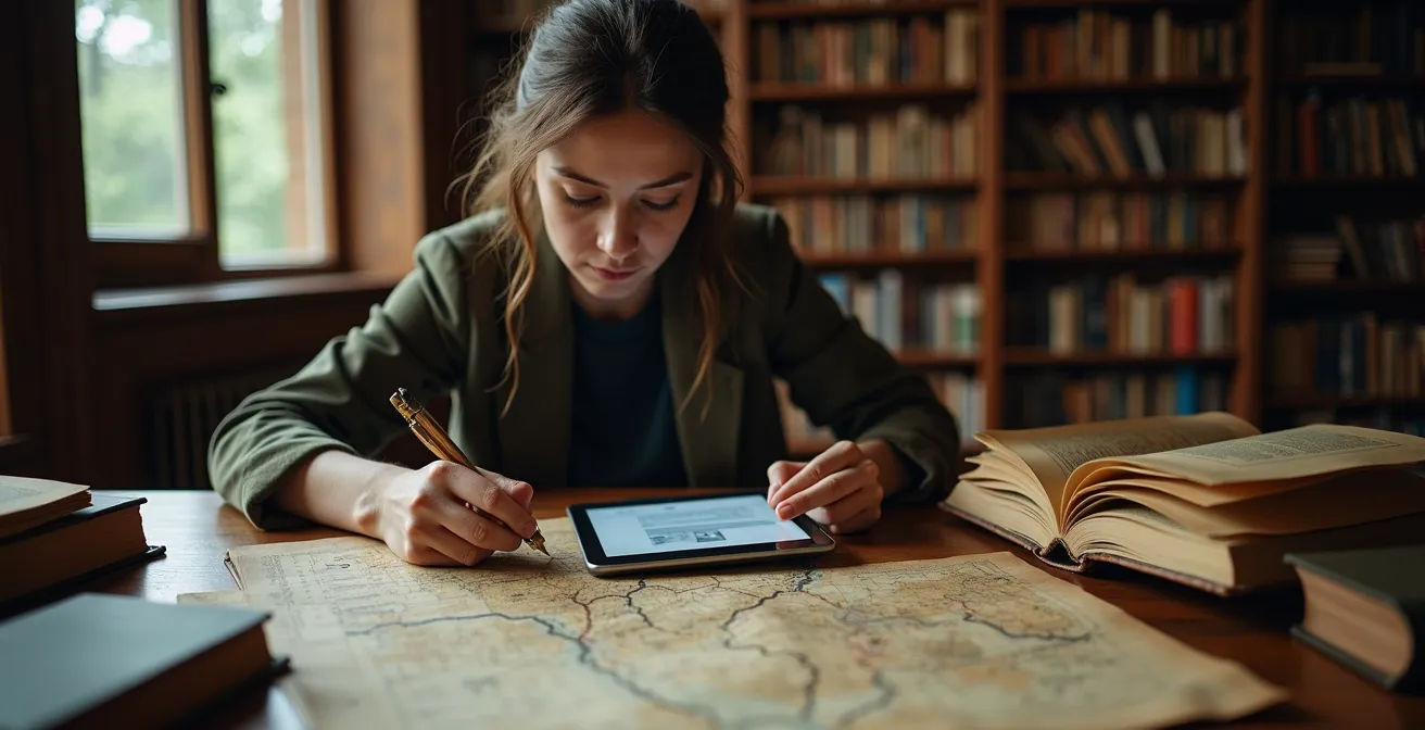 Person researching historical documents with vintage maps and digital devices on wooden table