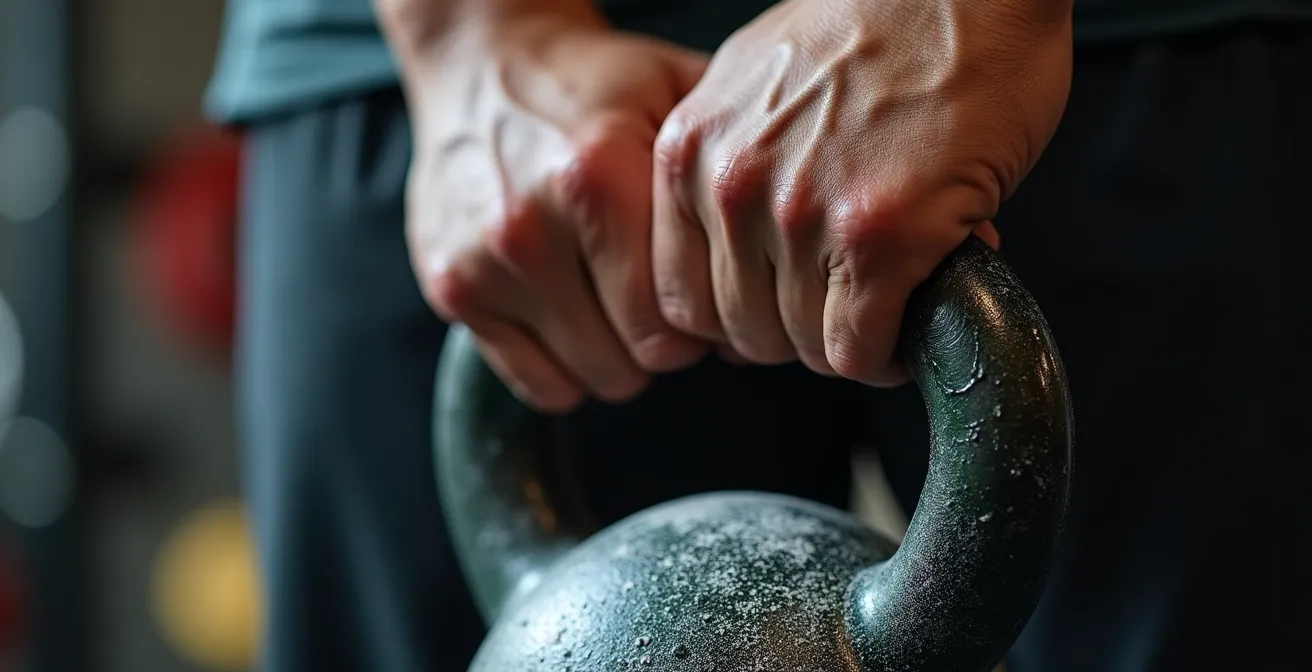 Extreme close-up of an athlete's hands gripping a kettlebell, showing the tension and fatigue in the muscles and skin.
