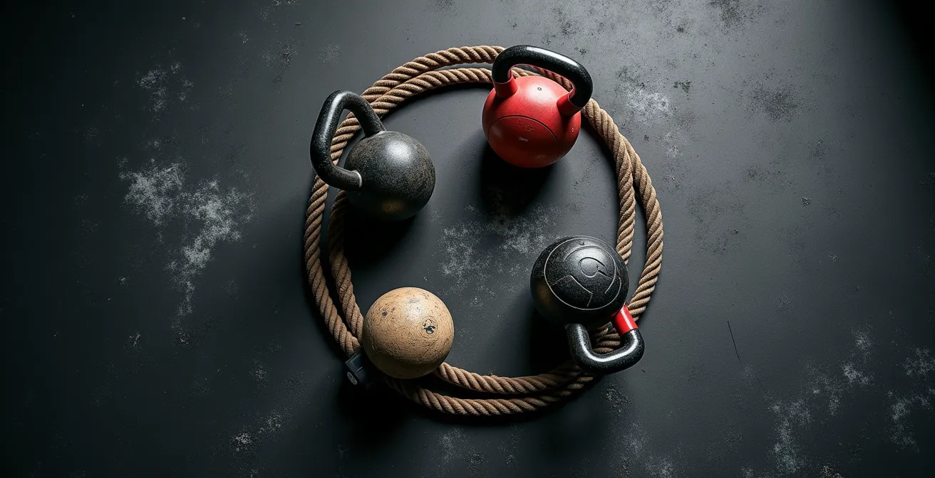 Visual representation of a 4-week HIIT training periodization cycle showing different equipment for each phase.