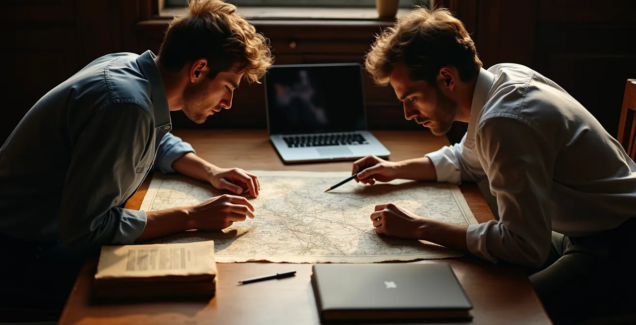Filmmaker and historian reviewing period documents together