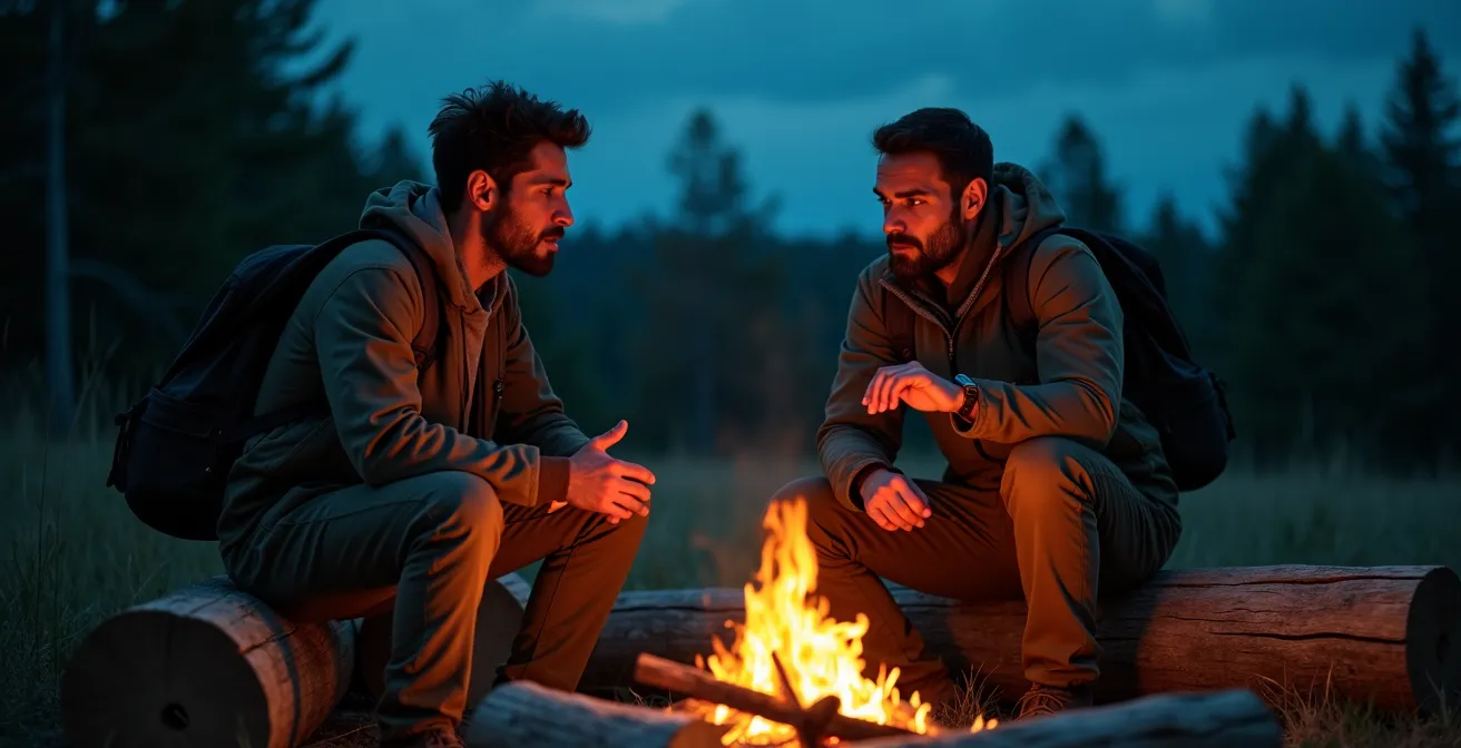 Two people sharing stories around campfire at dusk