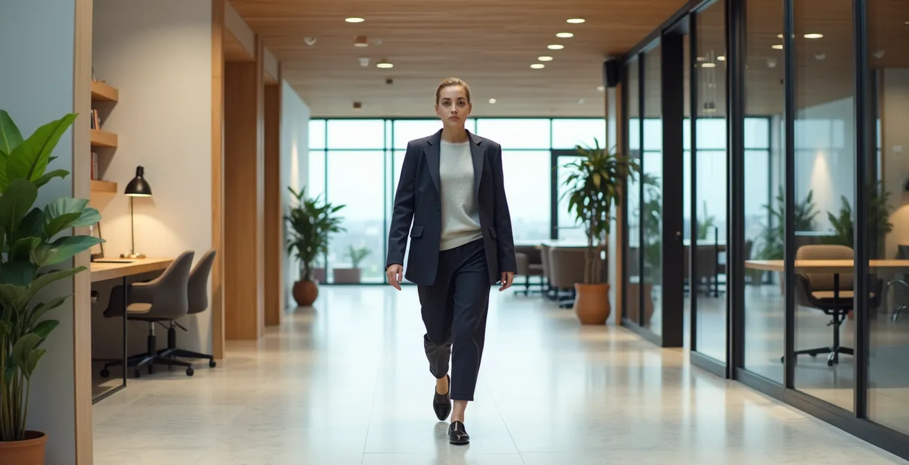 Professional wearing versatile workwear that transitions seamlessly from home office to coffee shop meeting space