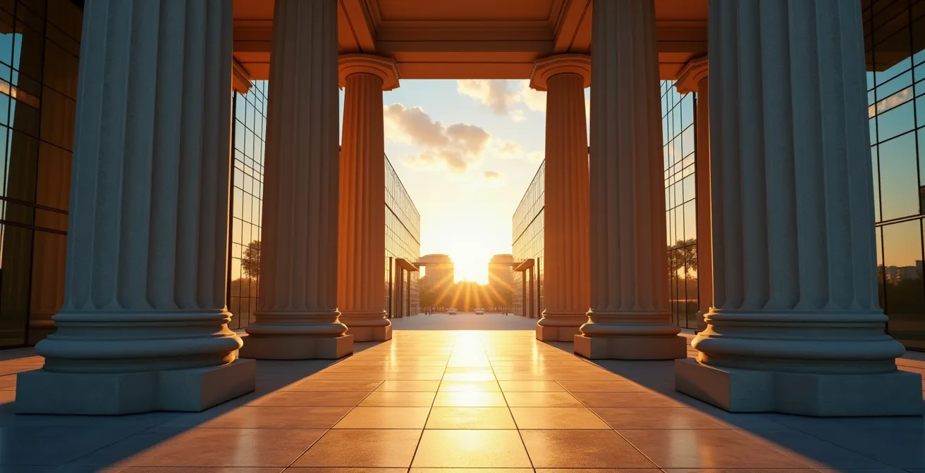 Abstract visualization of institutional transformation showing classical stone columns evolving into modern glass and steel structures.