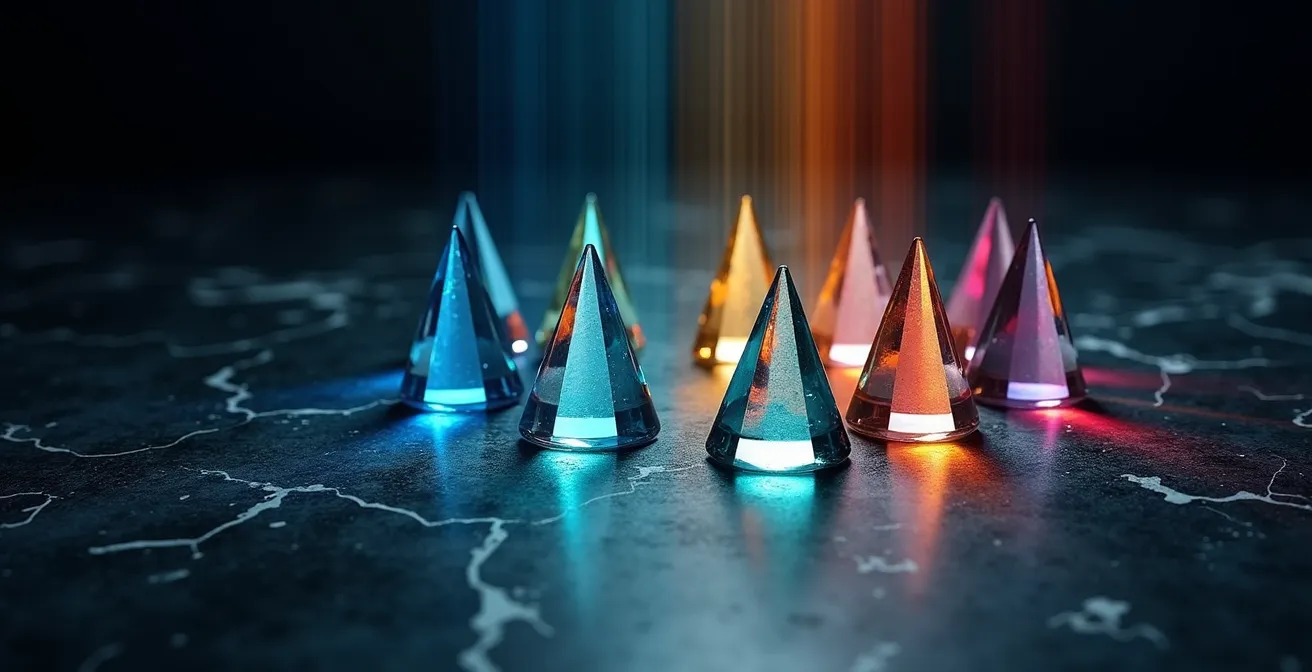 Visual representation of a strategic goal refracting through a prism into multiple aligned departmental objectives.