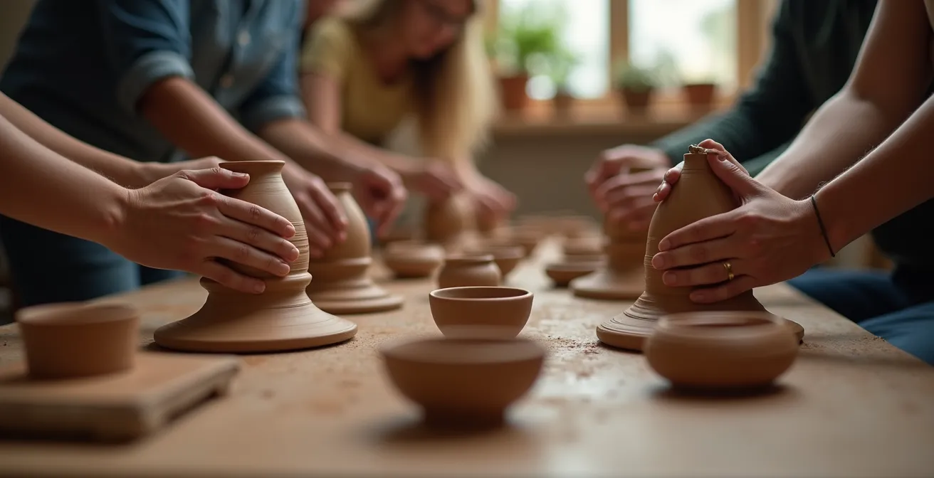 Travelers and locals engaged in a pottery workshop, hands working with clay in warm afternoon light