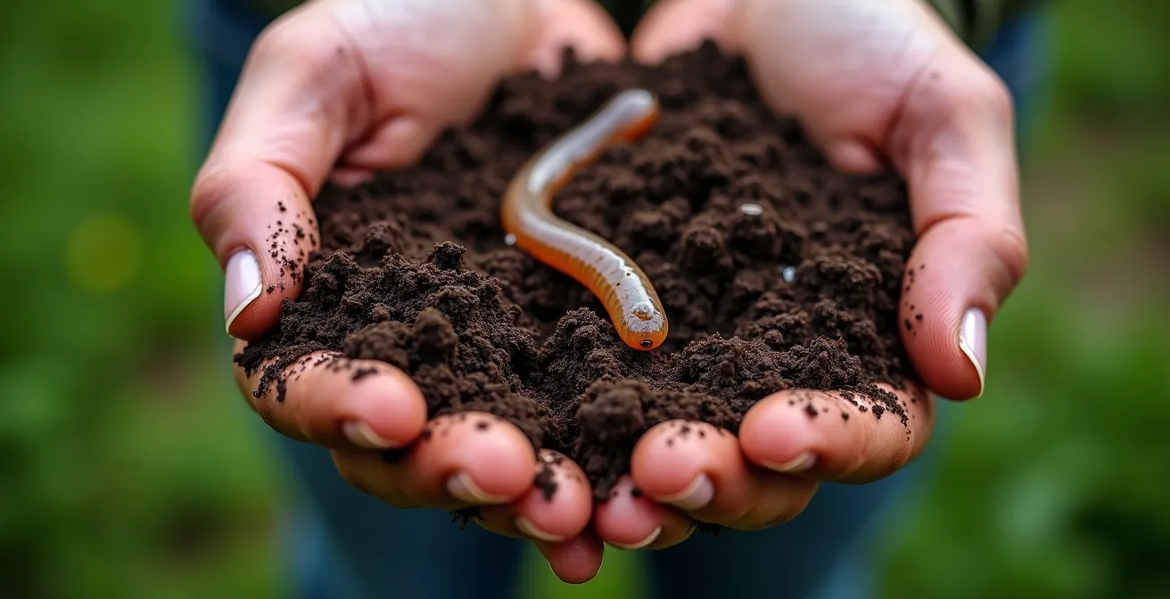 Extreme close-up of hands holding rich, dark soil with visible organic matter, earthworms, and plant roots showing soil health indicators